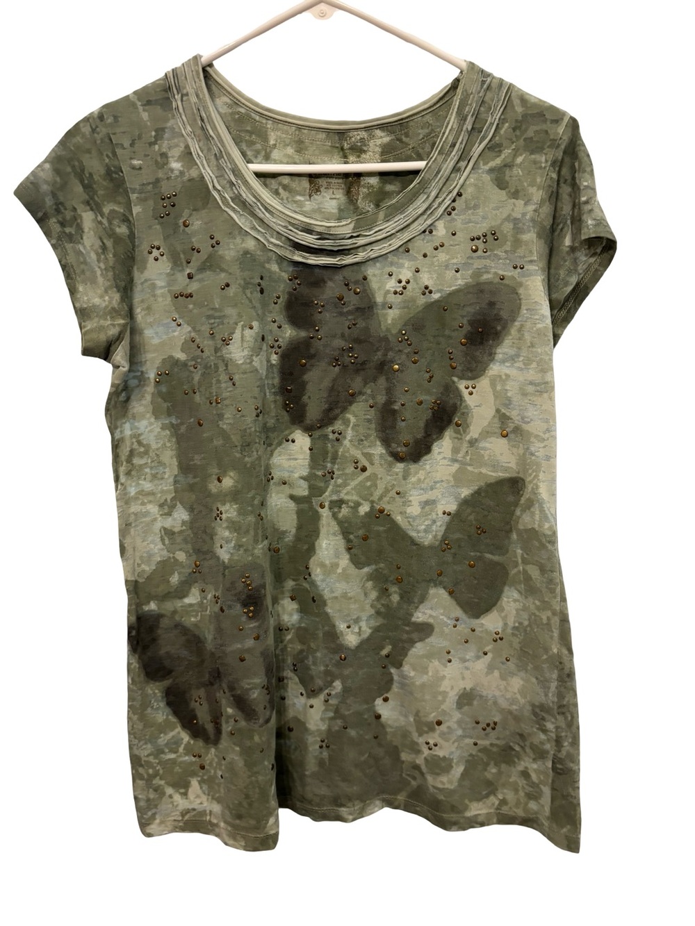 Ruff Hewn Olive Green Y2K Butterfly Earthy Studded Tee Large